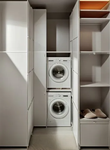 Small room, laundry room with open storage cupboards. White shelves with warm lighting, neatly folded items of different beige shades on the shelves, a white washing machine and dryer, order, comfort,