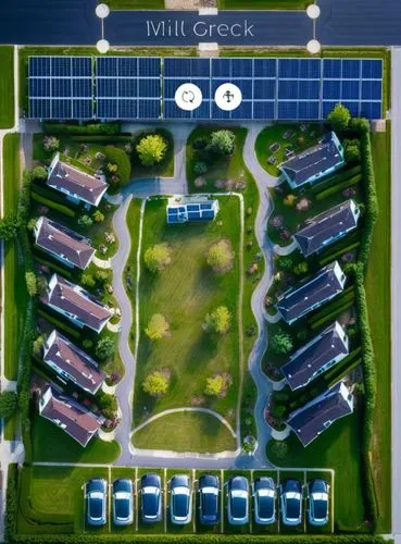 Cluster Cottage sub division.  10 small buildings with green space and parking.   Solar array at the top of the image
,Cluster Cottage business community, massage, salon, micro shops, health, coaching