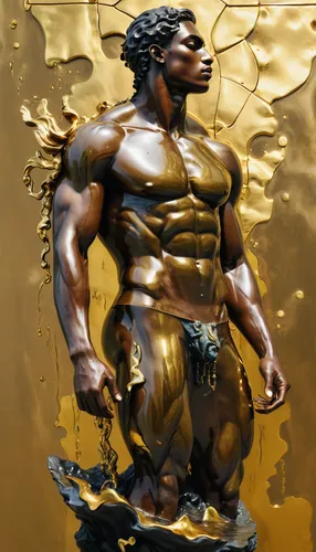 a statue made by Richard Hunt of a submerged young exotic Kolumbien top Model muscular  man,  wearing waterfall acrylic gloss ibehance gold contest winner, neoclassicism, puzzle art, mythology artwork