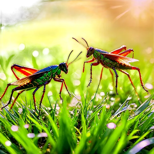 Summer evening, crickets sounds, green grass, tiny insects, jumping legs, shiny exoskeletons, delicate wings, detailed texture, realistic, ambient light, soft focus, warm color tone, close-up composit