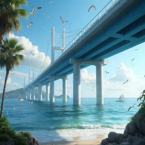 futuristic landscape,coastal road,skybridge,akashi-kaikyo bridge,the akashi-kaikyo bridge,bridges,shorefront,bridge,rainbow bridge,coastal landscape,skyway,coastline,scenic bridge,waterfront,cartoon video game background,landscape background,highway bridge,fantasy landscape,bay bridge,adventure bridge,Photography,General,Realistic