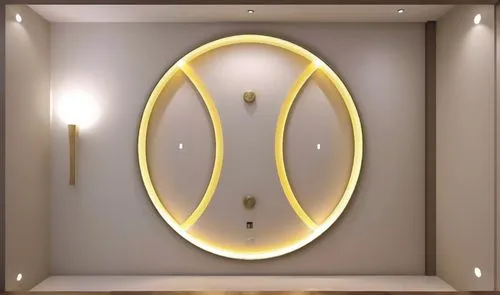 Convert this layout into a real gypsum decor for a room with hidden lighting.,a wall mounted with a clock on it and some lights,wall light,wall lamp,room door,luxury bathroom,metallic door,sconces,fan