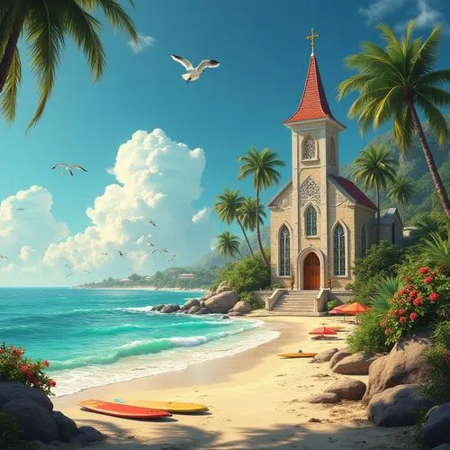 island church,tropical beach,tropical island,beach scenery,tropical sea,church painting,seaside resort,beach landscape,caribbean beach,beachfront,dream beach,paradise beach,south seas,tropical house,south pacific,seaside view,the caribbean,southern island,landscape background,tropico,Photography,General,Realistic