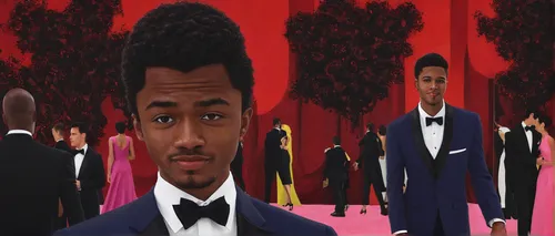 Generate a picture of Justin Jefferson in a glamorous red carpet event.,black businessman,a black man on a suit,art background,mahogany family,novelist,red carnation,animated cartoon,man in red dress,