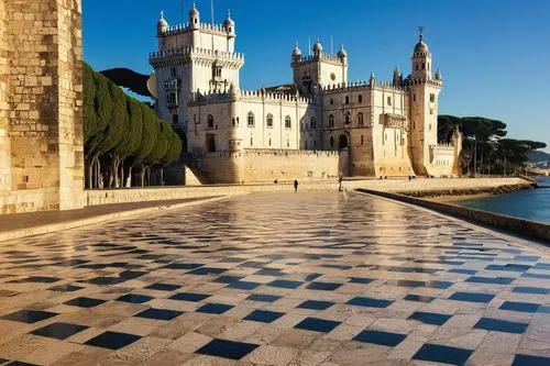 Historic Lisbon, Portugal, Belem Tower, Jeronimos Monastery, 17th-century architecture, ornate stone carvings, Manueline style, grandiose scale, intricate details, bright sunlight, clear blue sky, pic