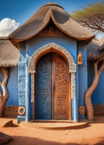 Majestic African architecture, vibrant colorful buildings, intricate patterns, mud huts, thatched roofs, wooden doors, ornate carvings, Zulu-inspired design, savannah landscape, acacia trees, blue sky