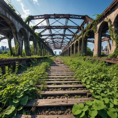 railroad bridge,abandoned train station,railway bridge,trestle,highway bridge,railway track,Photography,General,Realistic