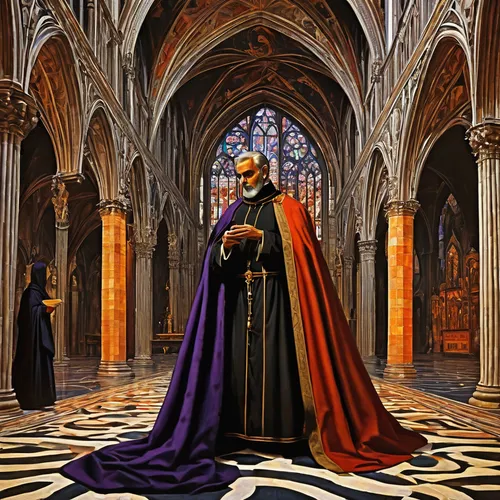 gothic portrait,clergy,nuncio,the abbot of olib,the carnival of venice,the order of cistercians,vestment,high priest,emperor,magistrate,archimandrite,benediction of god the father,carthusian,gothic architecture,imperial coat,dance of death,choir master,benedictine,count,king lear,Art,Classical Oil Painting,Classical Oil Painting 30