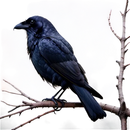 Mysterious raven, solo, dark feathers, sharp beak, piercing eyes, black legs, claws gripping, perched on branch, misty atmosphere, soft focus, cinematic lighting, 3/4 composition, shallow depth of fie