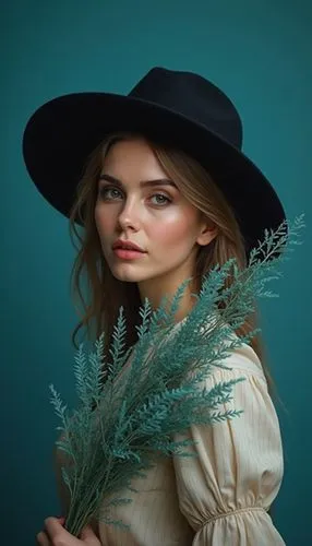 a woman with a black hat and a turqoise plant in her hand and a blue background behind her head, Elina Karimova, rpg portrait, a character portrait, photorealism,  ,young woman with hat holding a plan