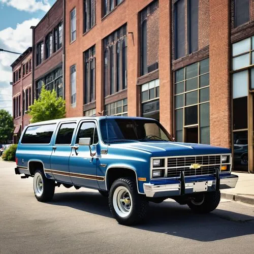 Create me a 1987 Chevrolet C20 Suburban Custom Deluxe in an urban context.,ford excursion,ford f-650,chevrolet advance design,ford f-350,ford bronco ii,ford f-550,dodge ram van,ford bronco,ford super 