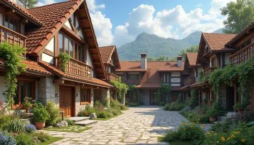 alpine village,highstein,wooden houses,knight village,medieval street,half-timbered houses,escher village,mountain settlement,hallstatt,auberge,mountain village,maisons,oberland,medieval town,cottages,butka,townhouses,houses clipart,shire,paliburg,Photography,General,Realistic