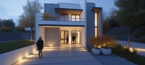 DISEÑO EXTERIOR DE CASA ESTILO MINIMALISTA, CON MUROS CON CANTERA GRIS, EN COMBINACION CON MUROS DE COLOR BLANCO Y GRIS,VENTANAS DE ALUMNIO CON CRSITAL, PLANO CINEMATOGRAFICO, CORRECCION DE ERRORES,a 