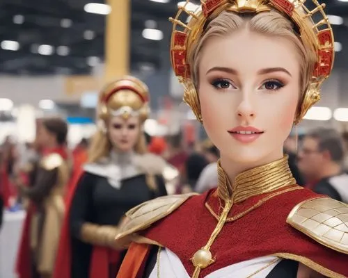 a beautiful blonde Star Wars lady in Cosplay dressed as Queen Amidala, smiling, at a crowded comic book convention. Facing the camera, 4k,miss circassian,samara,nero,eurasian,emperor,azerbaijan azn,be