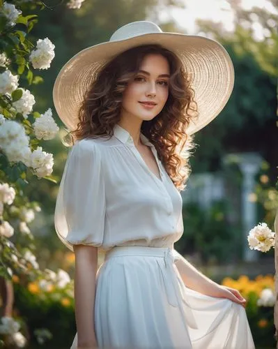 Elegant lady, holding hat, gentle smile, bright eyes, curly brown hair, subtle makeup, white blouse, long flowy skirt, heels, standing, outdoor, garden, flowers, trees, sunny day, warm lighting, shall