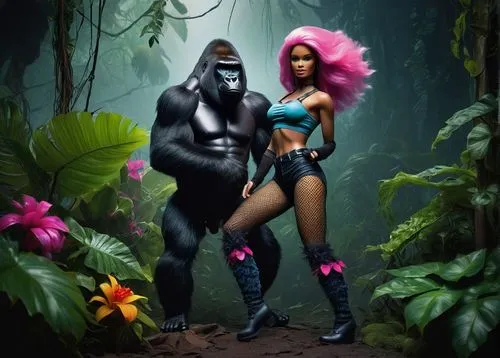 Barbie, gorilla, standing, jungle, exotic plants, vines, tropical flowers, bright colors, shiny fur, muscular arms, strong legs, torn clothes, ripped fishnet stockings, chunky boots, dynamic pose, int