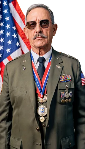 Older man, veteran, solo, (60yo), wrinkles, scars, short gray hair, mustache, sunglasses, medals on chest, camouflage uniform, American flag in background, standing at attention, proud expression, gol