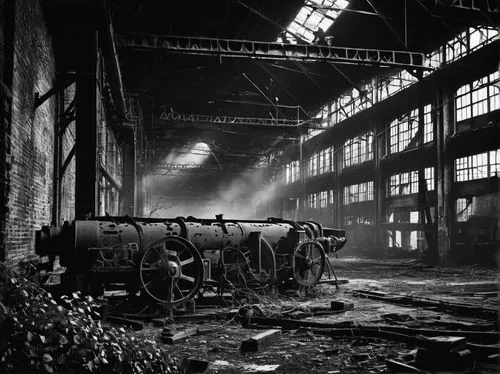 industrial hall,empty factory,old factory,steel mill,abandoned factory,factory hall,industrial landscape,industrial ruin,locomotive shed,usine,industrie,deindustrialization,fabrik,industriale,locomotive roundhouse,industrial,factories,warehouses,industrial smoke,industrialize,Photography,Black and white photography,Black and White Photography 08