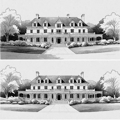 watercolor painting of Madame CJ Walker's Mansion Villa Lewaro in Livingston NY ;  Design Sketch-Detailed Outline ,two drawings of the same house, one with trees and another without,elevations,garden 