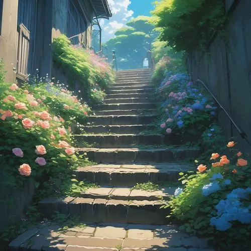 violet evergarden,pathway,walkway,alley,spring morning,falling flowers,flower delivery,wooden path,paths,everlasting flowers,landscape rose,hydrangeas,summer evening,corner flowers,way of the roses,alleyway,flower shop,scenery,sidewalk,ruelle,Illustration,Japanese style,Japanese Style 14