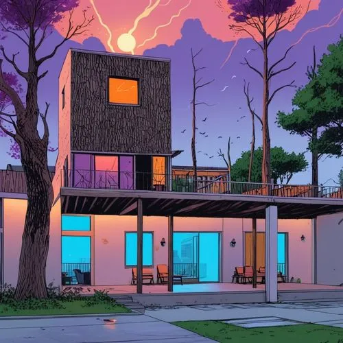 sketching, comic, ink, purple, pink, orange, ligths,stroke stronger ink line, more contrast,best architecture,mid century house,mid century modern,an apartment,cubic house,apartment house,house silhou