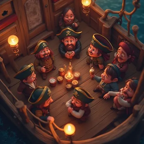 funny pirates makien fun,party, dancing,drinking for kids, cartoon stule in Cinematic Tones, with a focus on storytelling and emotional depth, using warm, earthy shades of bronze and purple to evoke a