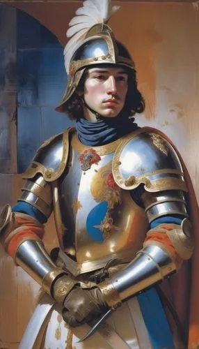 an masterpiece oil color painting of A young, skilled soldier during the reign of Louis XIV. He wears a polished breastplate, adorned with intricate gold embroidery, and a plumed helmet. His sword is 