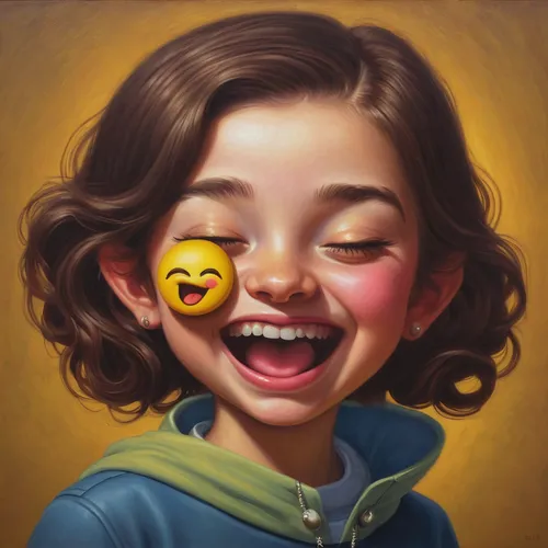 A mischievous girl with a winking emoji,emojicon,emoji,kids illustration,a girl's smile,child portrait,tiktok icon,custom portrait,apple icon,emoji balloons,digital painting,painting technique,smileys