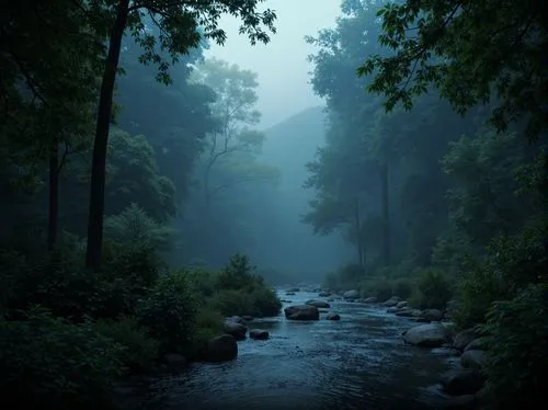 1 widescreen format, cinematic composition, atmospheric sound design.,a river runs through a jungle on a misty day,agumbe,malnad,foggy forest,kodaikanal,ranikhet,pachmarhi,valparai,chikmagalur,kasauli