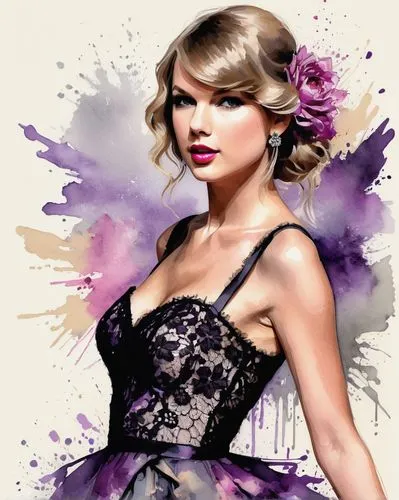 create an illustration of Taylor Swift, wearing a corsage dress in black lace, colors purple, beige, pink and grey,fashion vector,purple dress,floral background,purple background,edit icon,fashion ill