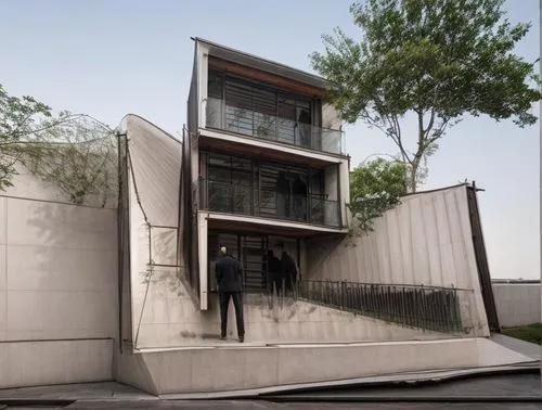 Edificio de departamentos estilo minimalista, ubicados en un entorno Urbano, con muros color blanco y elementos de tabique rojo de barro rojo, canceles de aluminio y cristal, vegetación, personas, luz