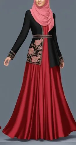 3d fashion drawing of long maxi  pelisee abaya for Muslim hijab for fat girl with Muslim hijab for very fat women big women with light red,the animation of a muslim woman wearing an evening gown and s