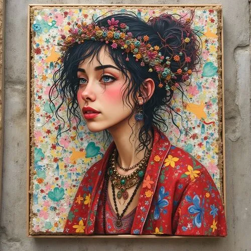 kommuna,bohemian art,girl in flowers,boho art,girl in a wreath,geisha