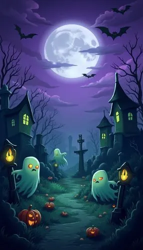 halloween theme, spooky graveyard with ghostly creatures and purple sky, higlights are green and black colors, cartoon style, mobile wallpaper, hyper realistic, ultra detailed


,the dark night with a