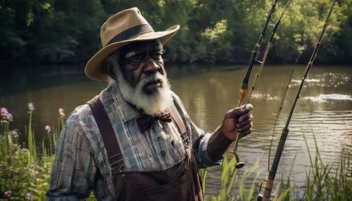 Uncle Ruckus, old man, rugged face, white beard, messy hair, thick eyebrows, worn-out hat, overalls, plaid shirt, suspenders, holding a fishing rod, standing by a riverbank, surrounded by trees, tall 