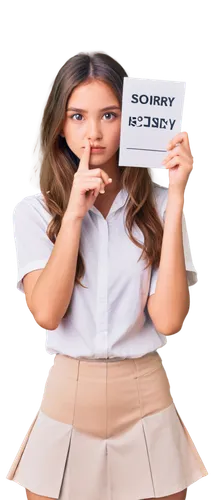 Kawaii girl, apologetic expression, big shining eyes, blushing face, messy brown hair, simple makeup, white shirt, short skirt, holding sign "Sorry", kneeling, gentle pose, soft lighting, pastel color