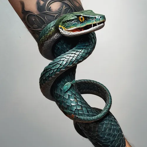 A 3D snake wrapped around the leg,water snake,green tree snake,green snake,serpent,african house snake,smooth greensnake,blue snake,boa constrictor,constrictor,emerald lizard,emperor snake,rock python