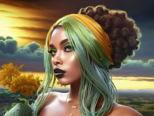 nude Beautiful nigerian girl, full dark curly hair, big green almond eyes, full black lips, misty sky,digital painting of an attractive woman with her head styled as cabbage,oshun,afrofuturism,biophil