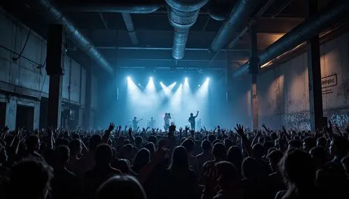 Industrial music venue, brutalist architecture, concrete walls, exposed ductwork, metal beams, dimly lit, industrial lighting, fog machines, strobe lights, crowded mosh pit, energetic crowd, headbangi