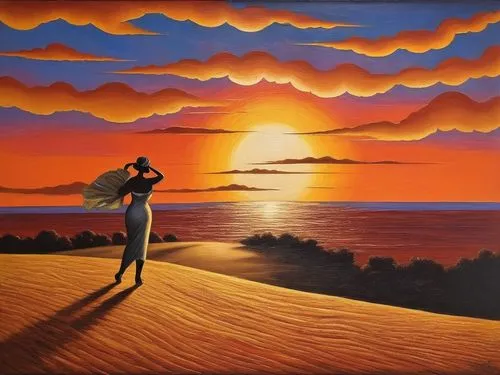 sunset in africa ,girl on the dune,dune landscape,art painting,oil painting on canvas,man at the sea,surrealism,loving couple sunrise,dune sea,beach landscape,oil painting,admer dune,surrealist,sand d