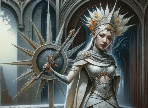 woman in ornate armor holds an arm with two swords and a shield,galadriel,sigyn,vestal,priestess,dark elf,margaery,Illustration,Black and White,Black and White 01