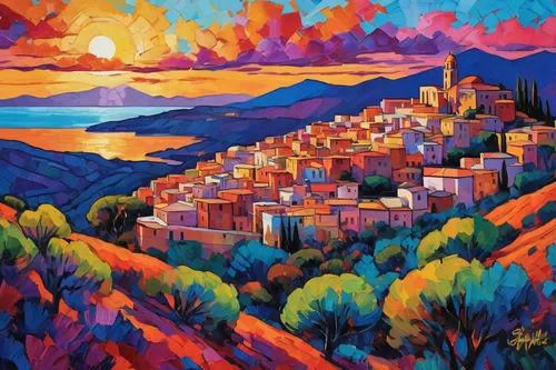 colorful city,albuquerque,harissa,volterra,tuscan,alhambra,göreme,montepulciano,marseille,taormina,santa fe,lebanon,pueblo,matera,malaga,liguria,cappadocia,calabria,mediterranean,positano,Conceptual Art,Oil color,Oil Color 25