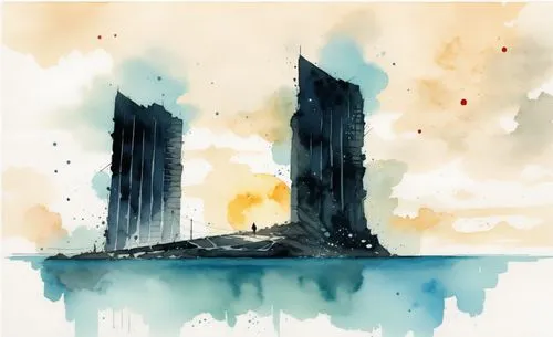 monoliths,towers,skyscrapers,highrises,high rises,barad,tall buildings,urban towers,skyscraping,arcology,ctbuh,orthanc,watercolor sketch,city scape,city in flames,city skyline,silos,watercolors,harbor