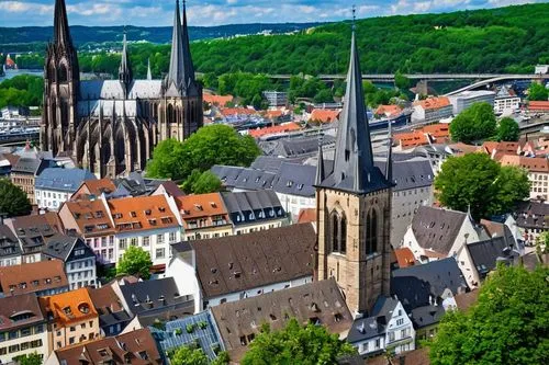 Historic Cologne Germany cityscape, Romanesque cathedral, intricate stone carvings, Gothic spires, vibrant colorful rooftops, half-timbered houses, cobblestone streets, ornate bridges over Rhine river