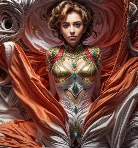 a woman in white and gold costume surrounded by lots of red fabric,fantasy woman,kerrigan,amora,huiraatira,zauriel,kerrii