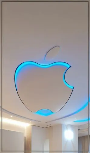 Gypsum decoration in the ceiling of a room with hidden LED lighting,the ceiling in the interior has an apple design,apple logo,apple monogram,ceiling light,cupertino,apple design,apple icon,Photograph