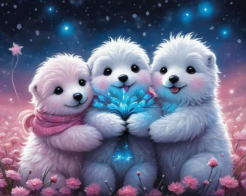 polar bear children,valentine bears,teddy bears,polar bears,coton de tulear,soft toys,winter animals,kawaii animals,samoyed,stuffed animals,cuddly toys,children's background,maltepoo,teddies,cute animals,baby stars,three flowers,havanese,little angels,three friends,Conceptual Art,Fantasy,Fantasy 30