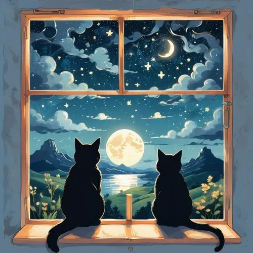 cat frame,skywatchers,moonlit night,cat silhouettes,skyclan,night scene,bedroom window,cat lovers,moonlighters,two cats,romantic night,night watch,window to the world,cattery,window,starry night,sun and moon,moon and star background,the moon and the stars,windowsill,Unique,Design,Sticker