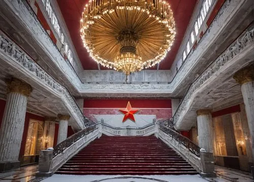 Soviet architecture, grandiose building, Moscow cityscape, communist-era design, imposing columns, ornate details, red star symbol, hammer and sickle emblem, granite stone walls, monumental staircase,