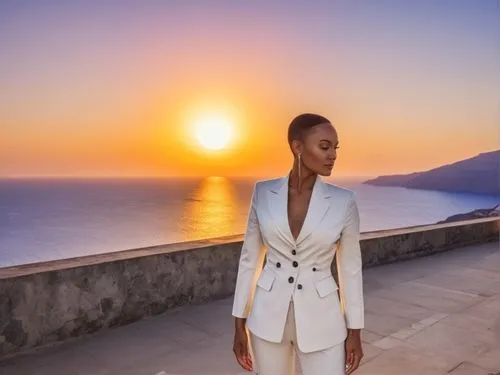 santorini sunset,woman standing outside in white dress clothes during sunset,haiti,amanresorts,kouroussa,gurira,lefay,miss kabylia 2017,Illustration,Realistic Fantasy,Realistic Fantasy 25